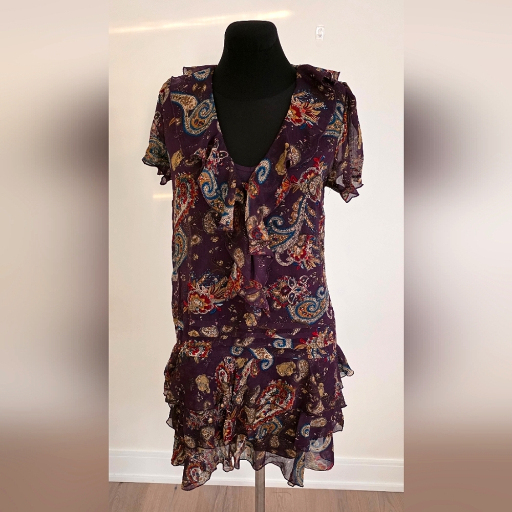 New Look Paisley Print Ruffled Tiered Drop Waist Gauze Mini Dress Sundress US 6